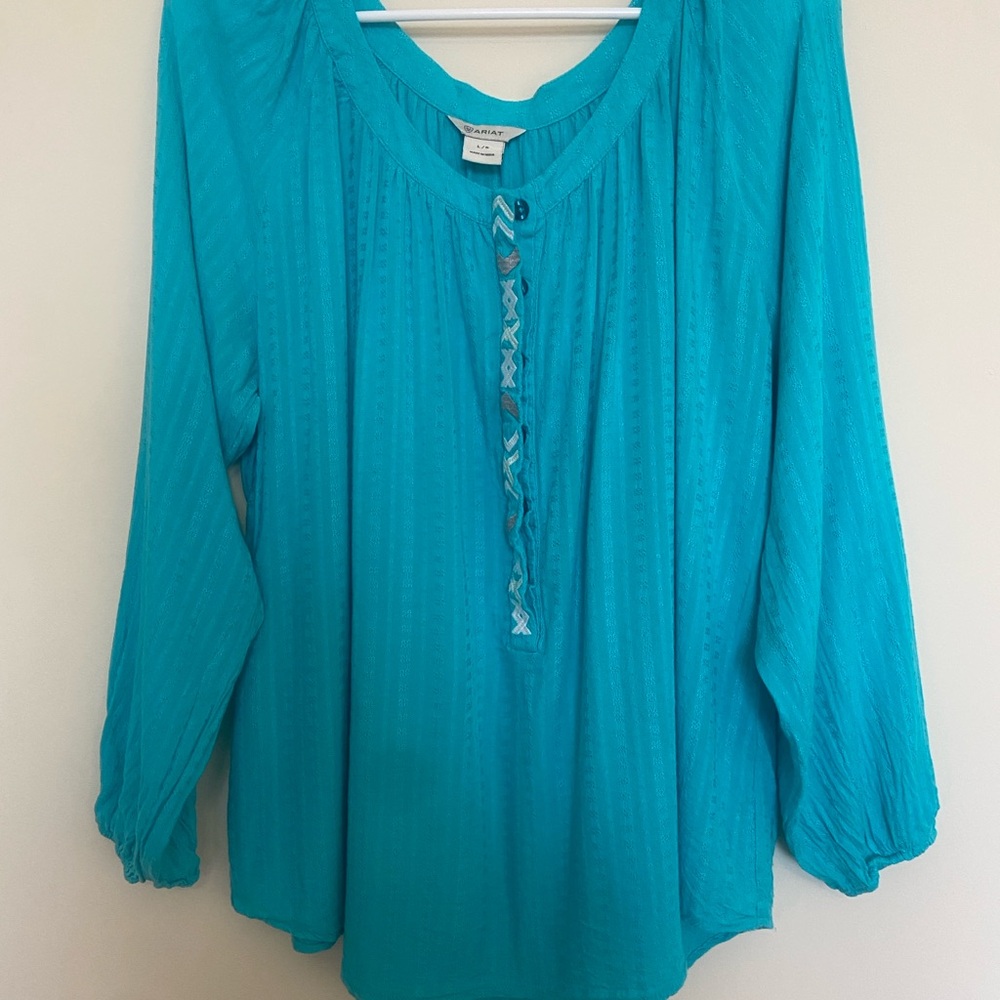 Ariat Teal Peasant Blouse with Embroidered Detail- Size L
